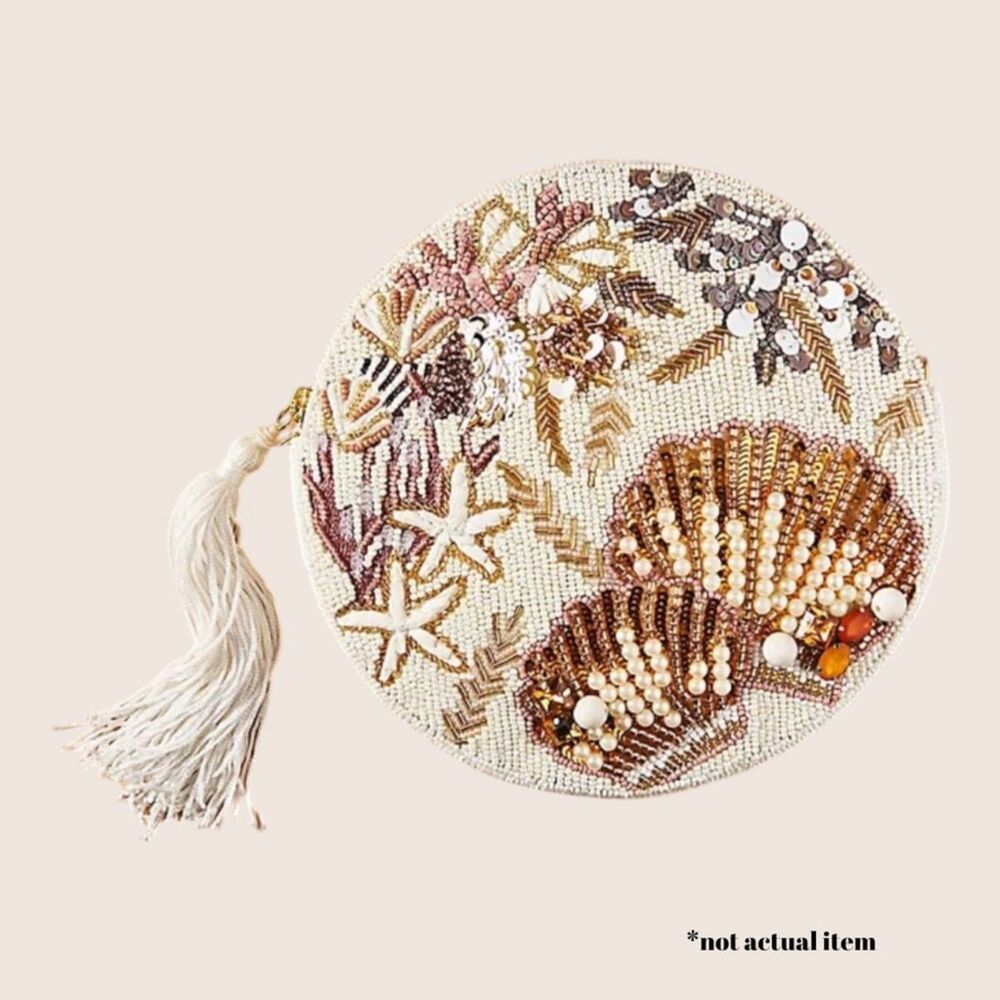 🐚 ANTHRO UNDER THE SEA SEASHELL BEADED CIRCLE POUCH CREAM HANDBAG PURSE NWT